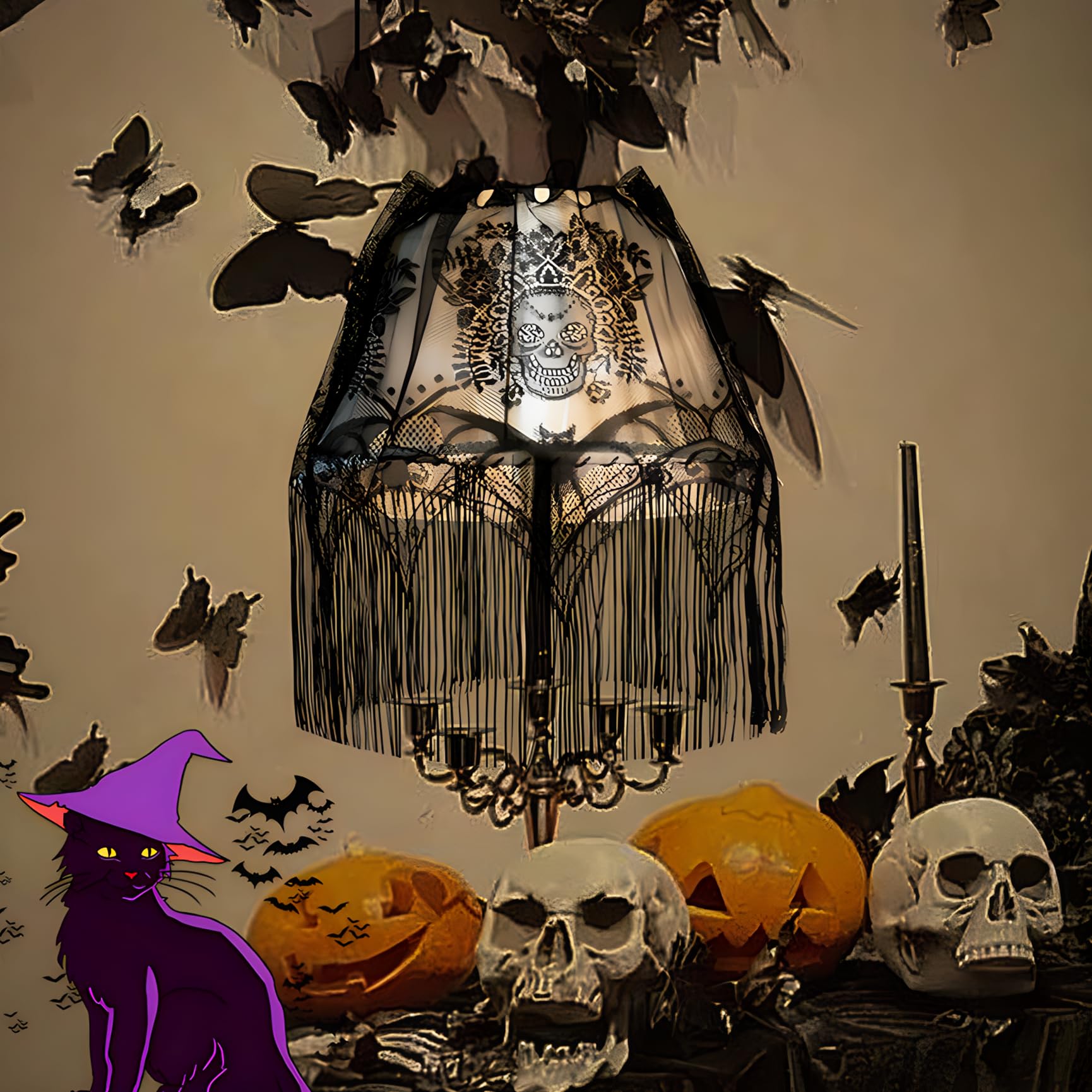 Photo 1 of 2Pcs Halloween Lamp Shade Cover Black Lace Lampshades Spooky Skull Halloween Decorations Lamp Shade Cover for Halloween Party Supplies