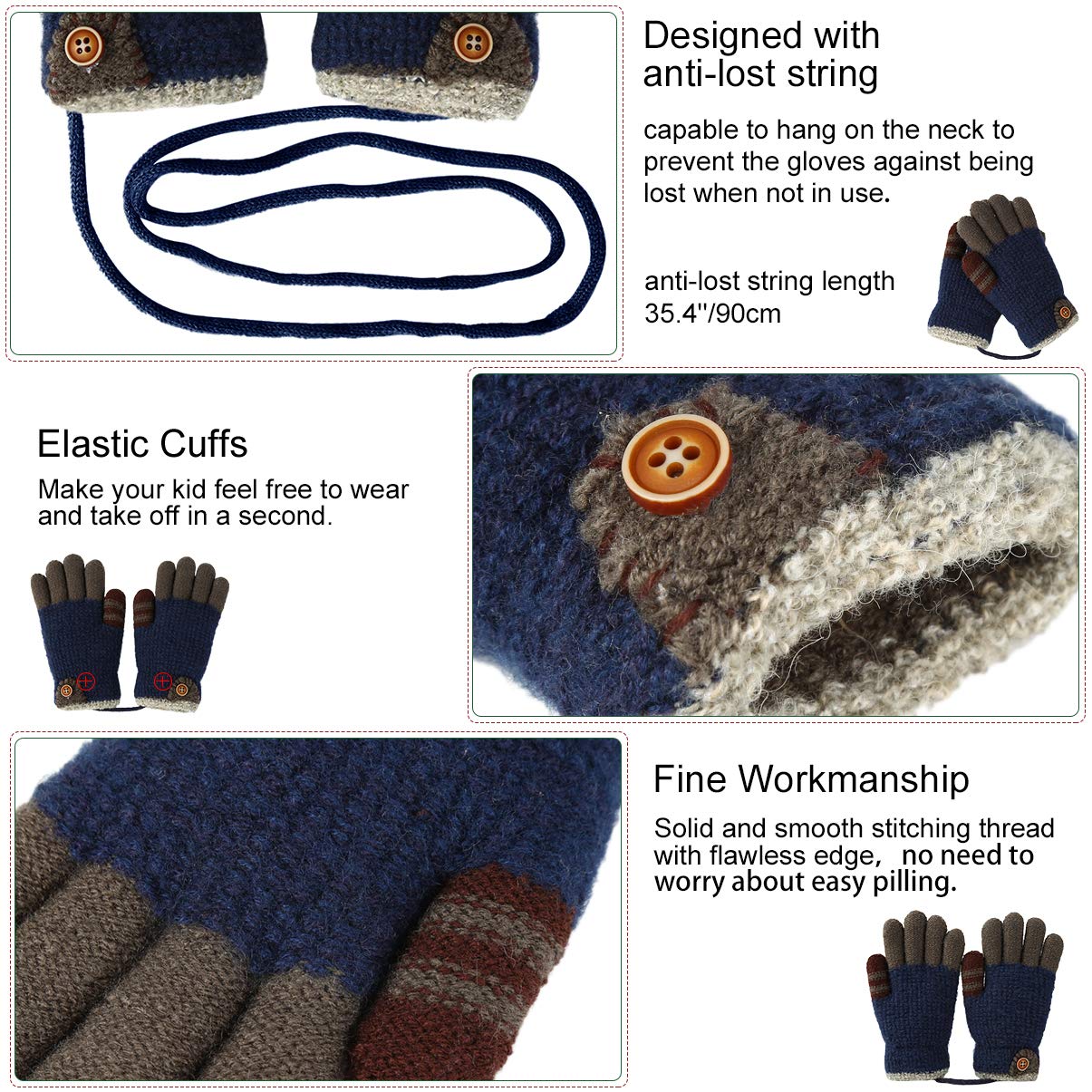 VBG VBIGER Kids Winter Gloves Girls Boys Warm Knitted Gloves Fleece Lined Full Finger Gloves for Children 4-8 Years Old (One Size, Color 1)