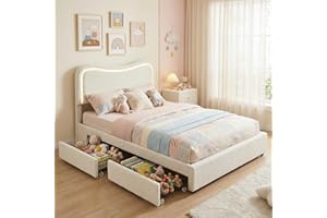 IDEALHOUSE Boucle Twin Bed Frame with 2 Storage Drawers, Upholstered Platform Bed with LED Headboard, Solid Wood Slats Suppor