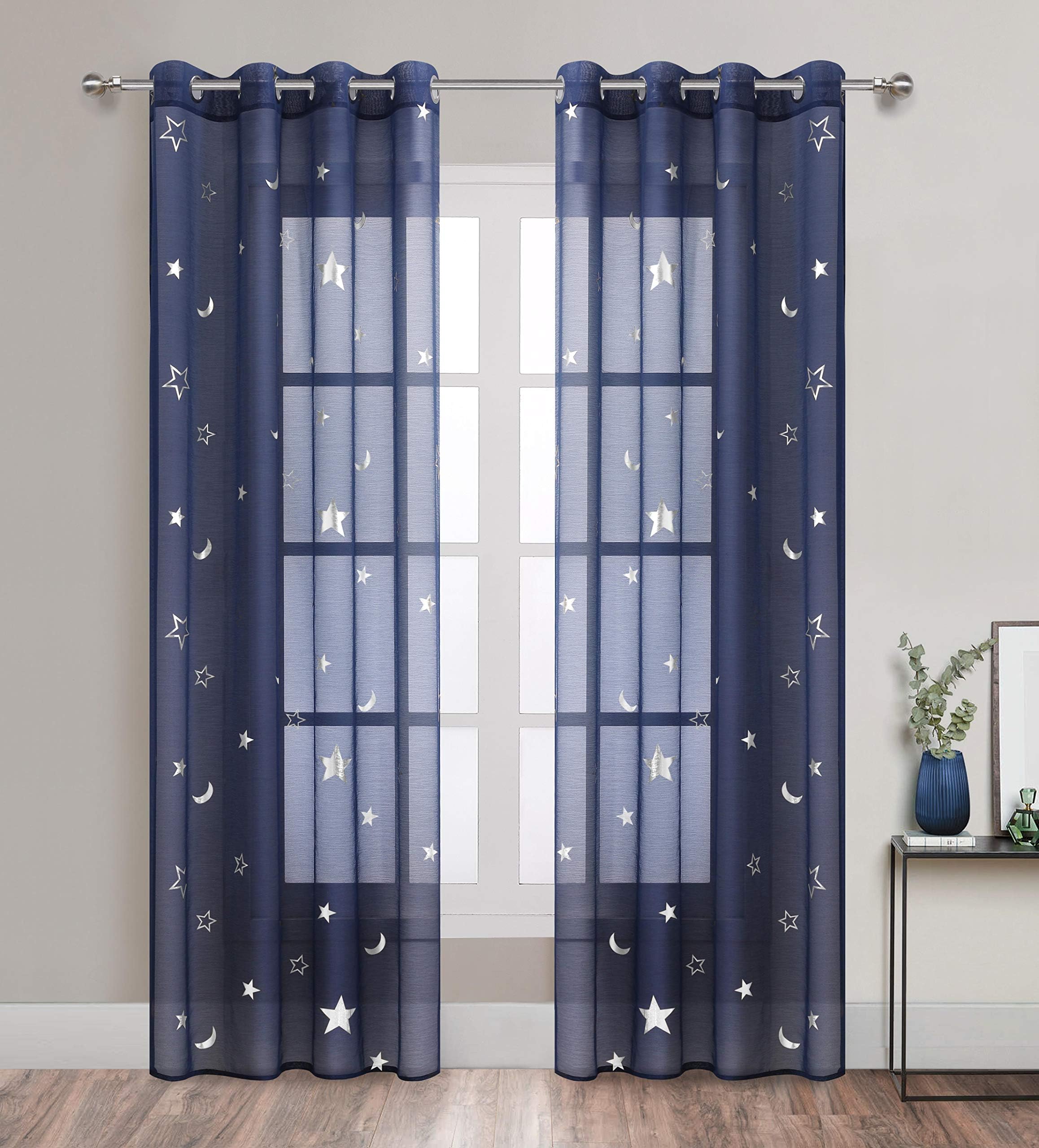 Romantic Starry Sky Theme Draperies 2 Panels Grommet Top Window Treatment with Twinkle Silver Stars Thin and Soft Curtains for Living Room / Kid's Room 84 inch Length Set of 2 Navy Blue