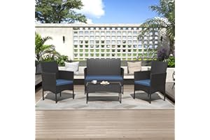 ALAULM 4 Pieces Patio Conversation Set Outdoor Rattan Patio Furniture Set Wicker Chairs with Soft Cushion and Glass Table for Patio, Backyard, Porch, Poolside(Dark Blue)
