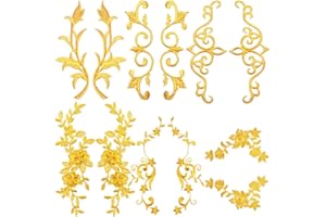 AGNURCADE 10pcs Golden Flower Embroidery Patches Flowers Leaves Lace Sew On/Iron on Embroidered Sewing Appliques for Wedding Prom Dress Clothes Jeans DIY Craft Decor, 5 Styles