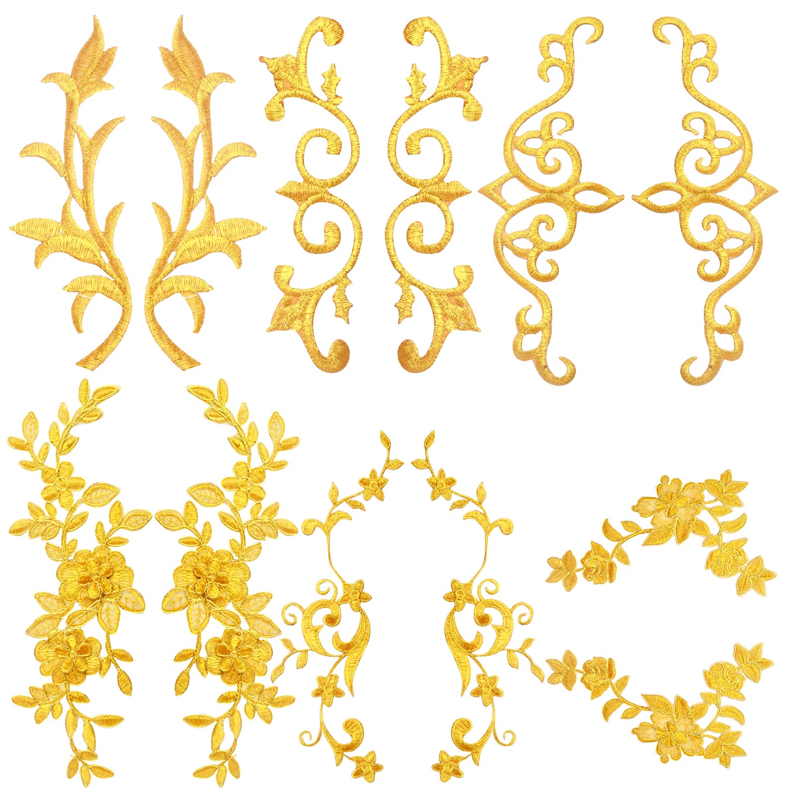 Photo 1 of 10pcs Golden Flower Embroidery Patches Flowers Leaves Lace Sew On/Iron on Embroidered Sewing Appliques for Wedding Prom Dress Clothes Jeans DIY Craft Decor, 5 Styles
