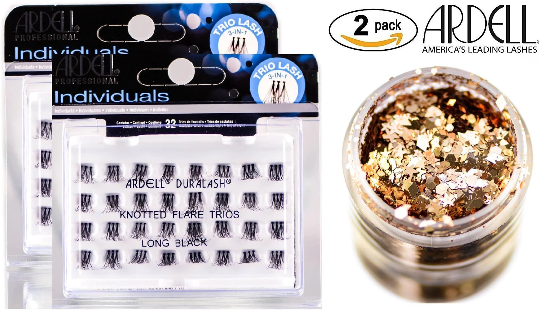 Ardell DURALASH INDIVIDUALS, KNOTTED FLARE TRIOS, Long Black, Contains 32 TRIO Lash 3-in-1 Lashes (2-PACK with bonus Skin/Hair GLITTER) (Long Black #62159 (2-PACK))