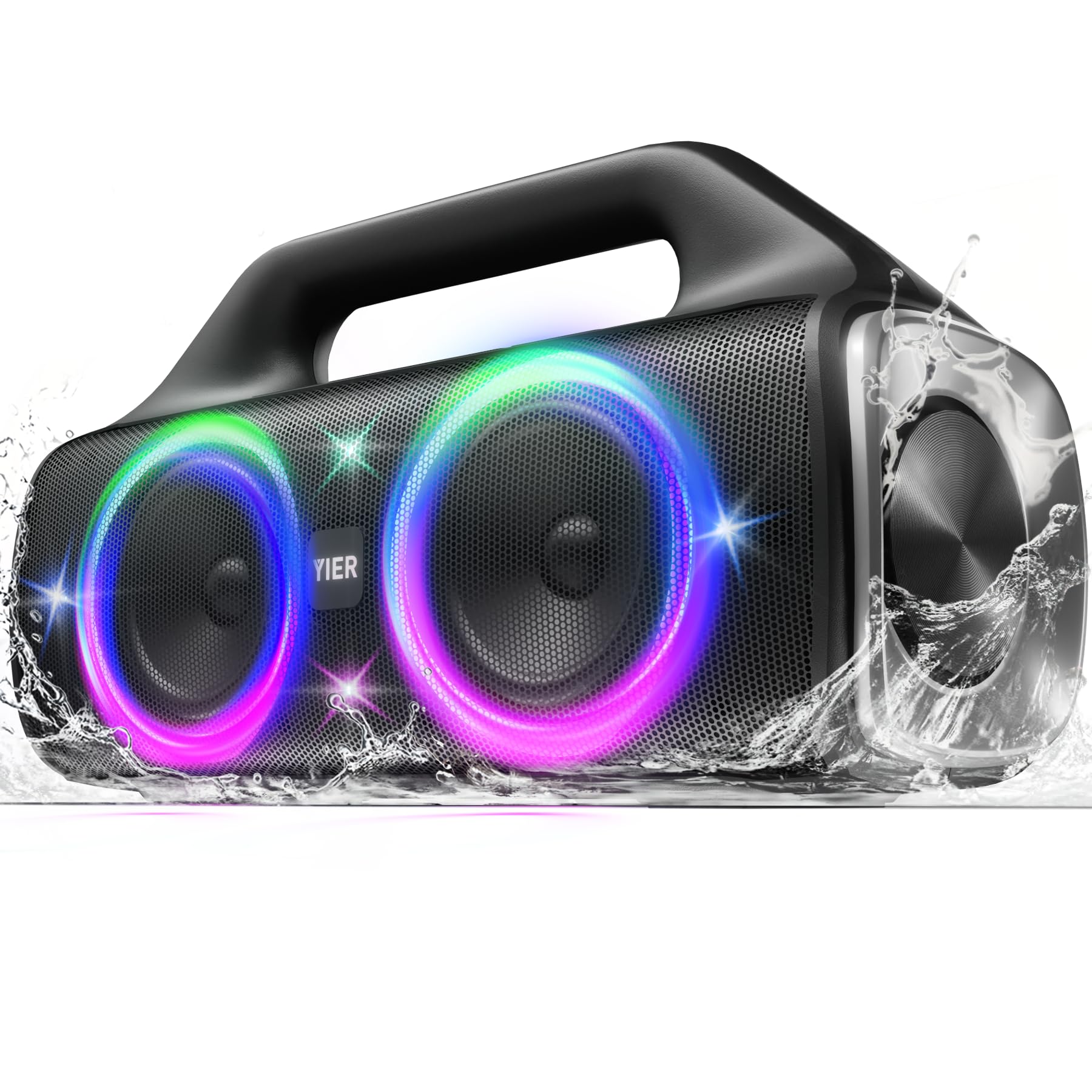 Photo 1 of YIER Speakers, 80w (Peak) Portable Wireless Speaker with Lights, Stereo Loud Sound, IP67 Waterproof, Deep Bass Outdoor Speakers Bluetooth 5.0 Dual Pairing for Home Party Beach Camping, Gifts