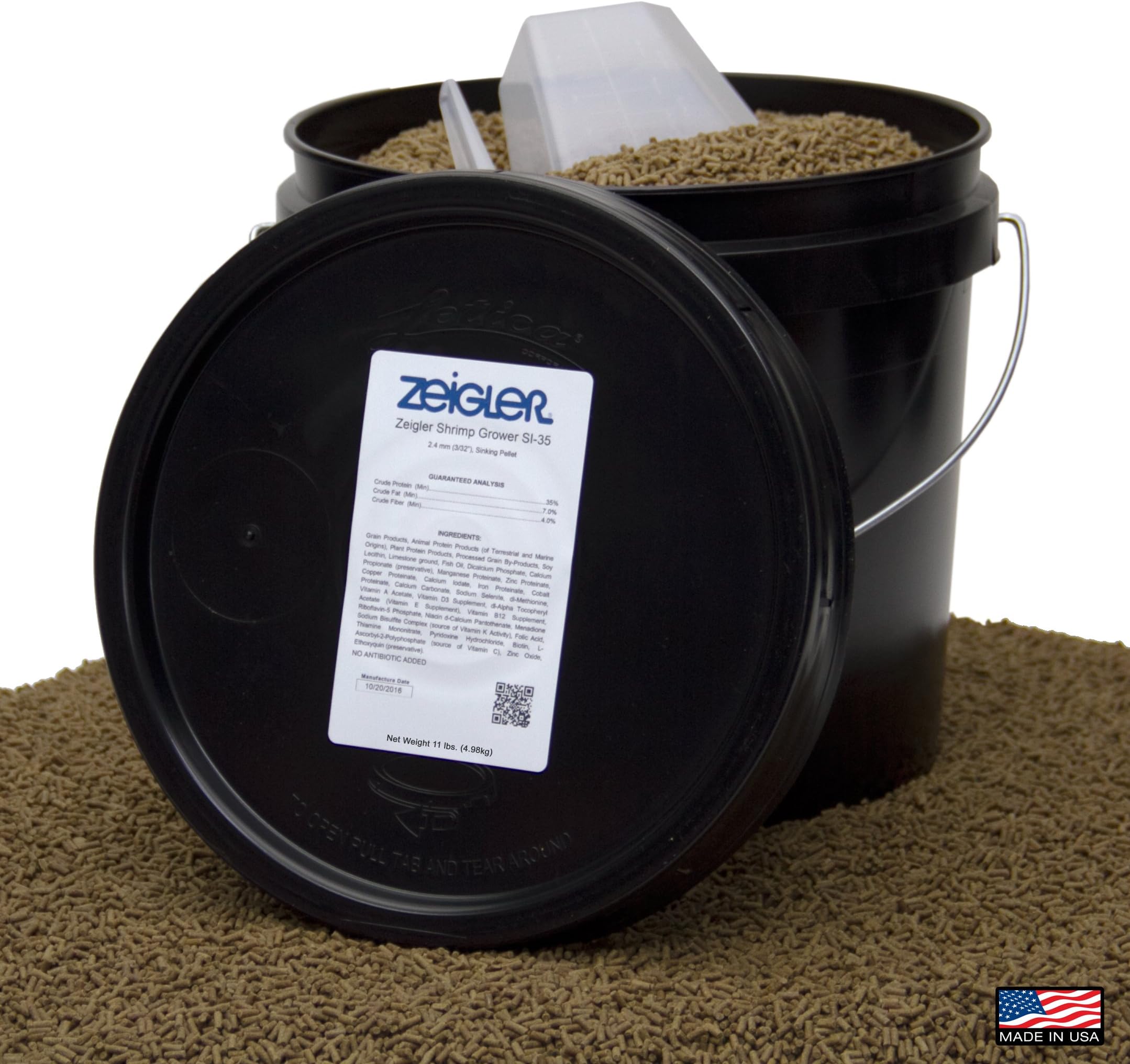 Mad River Supply Zeigler Shrimp Grower SI-35 Premium Feed, 35% Protein, 7.0% Fat, 4.0% Fiber, 2.4mm Sinking Pellet for Crustaceans, Bottom Feeder Fish, and Amphibians, 11 lbs. (4.98kg)