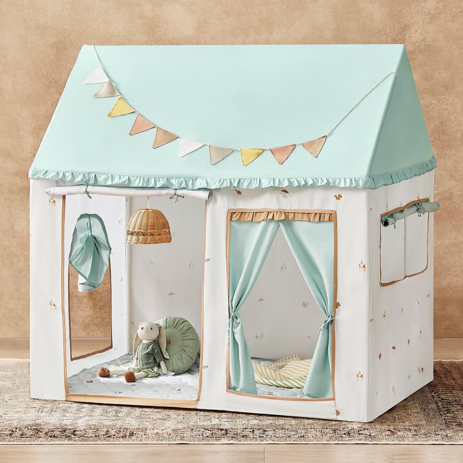 Tiny Land Kids Tent with Printed Mat, Kids Play Tent for Toddlers, Playhouse for Kid Indoor, Ideal Toy Gift for 3+ Boys & Girls, Play Room Furniture - 52" x 35" x 53" Green Forest