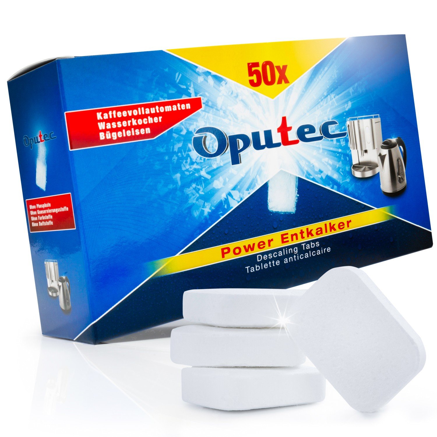 50x Oputec Kaffeemaschinen Entkalker Tabs: Für Kaffeevollautomaten, Espressomaschinen, Wasserkocher | Power Entkalker-Tabletten / Entkalkungs-Tabletten | Universell einsetzbar für Jura, Senseo, Siemens, Tassimo, Delonghi u.v.m. | Made in Ge