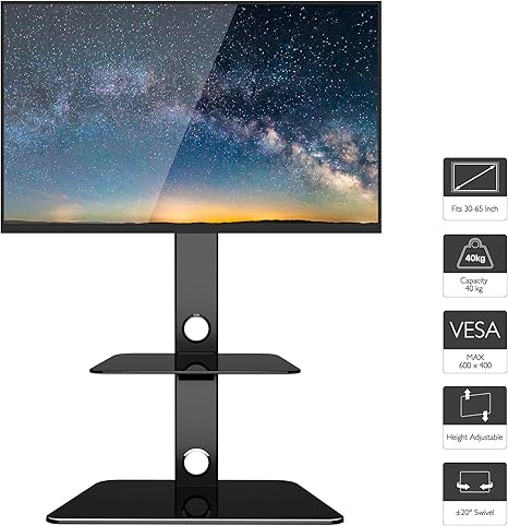 1home Tv Floor Stand With 2 Tempered Glass Shelves For 30 65 Led