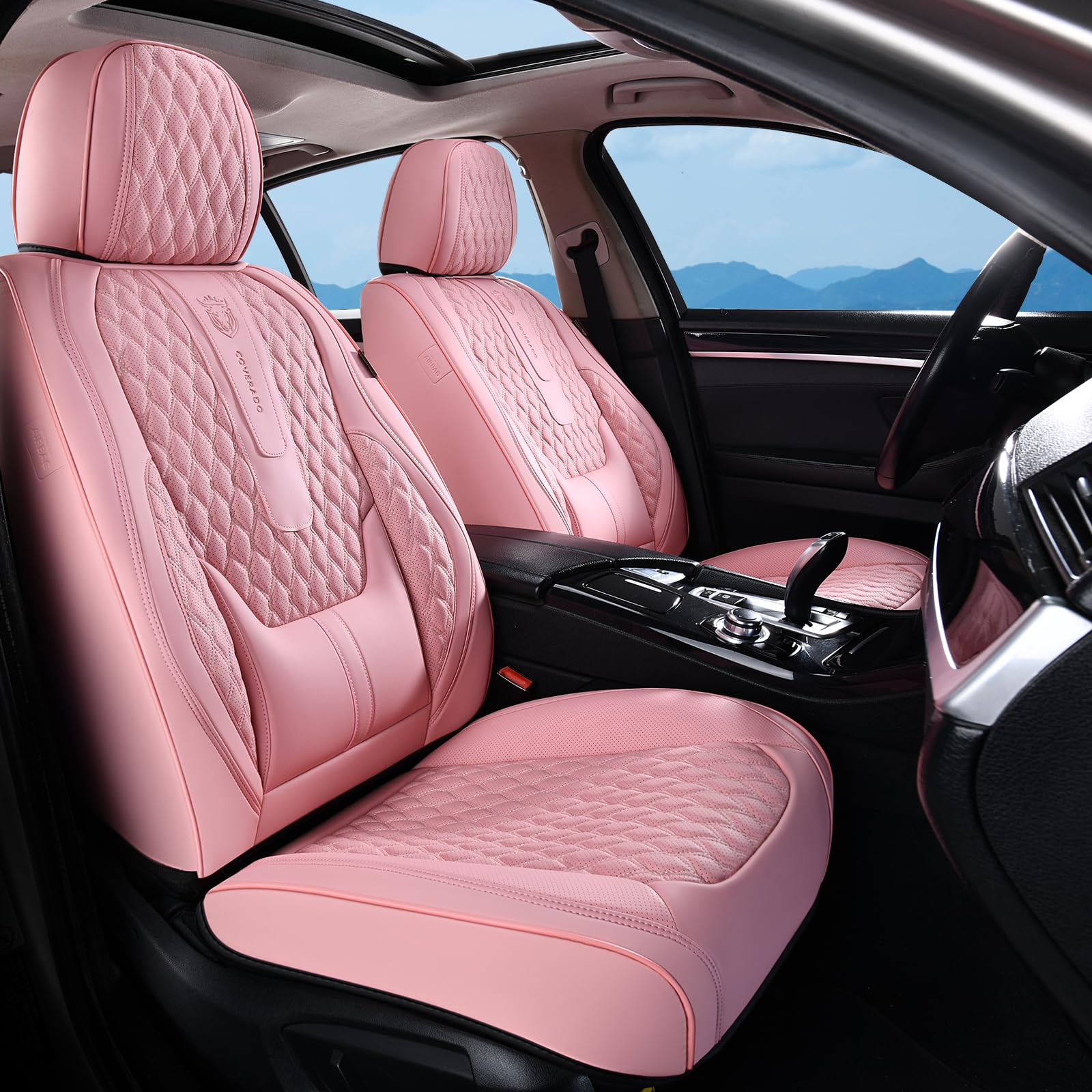 Coverado Seat Covers Front Seats, Car Seat Cover Protector with Lumbar Support, Waterproof Car Seat Cushion, Leather Seat Covers Carseat Cover Universal Fit for Most Cars(Pink)