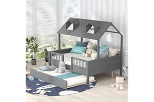 MERITLINE Full House Bed with Trundle, Wooden Platform Bed Frame with Roof, for Kids Teens Girls Boys - Gray