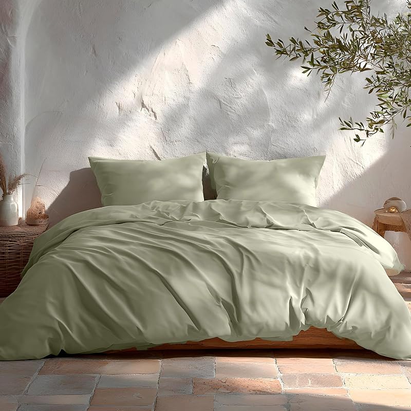 Juego Funda Nórdica Cama 80/90, Lisa 100% Algodón, Funda Edredón 150x220 cm y Funda Almohada, Transpirable, Suave, Color Verde — foto 2 de 7