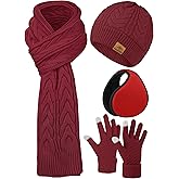 URATOT 4 Pack Winter Knitted Set Thick Knitted Beanie Hat Scarf Gloves Ear Warmer for Men or Women