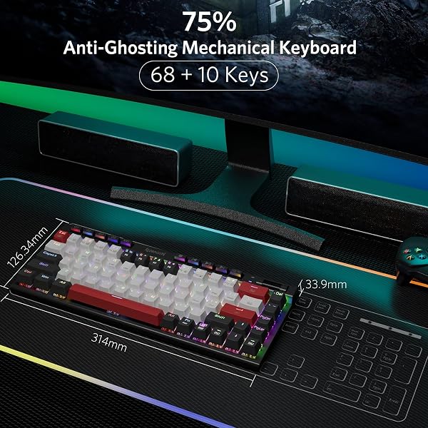REDRAGON K635 HOT SWAPPABLE MECHANICAL KEYBOARD CUSTOMIZED RGB BACKLIT WITH VOLUME CONTROL, BLUETOOTH/2.4G-WIRELESS/USB-C COMPACT GAMING KEYBOARD WITH RED SWITCHES(68+10KEYS)