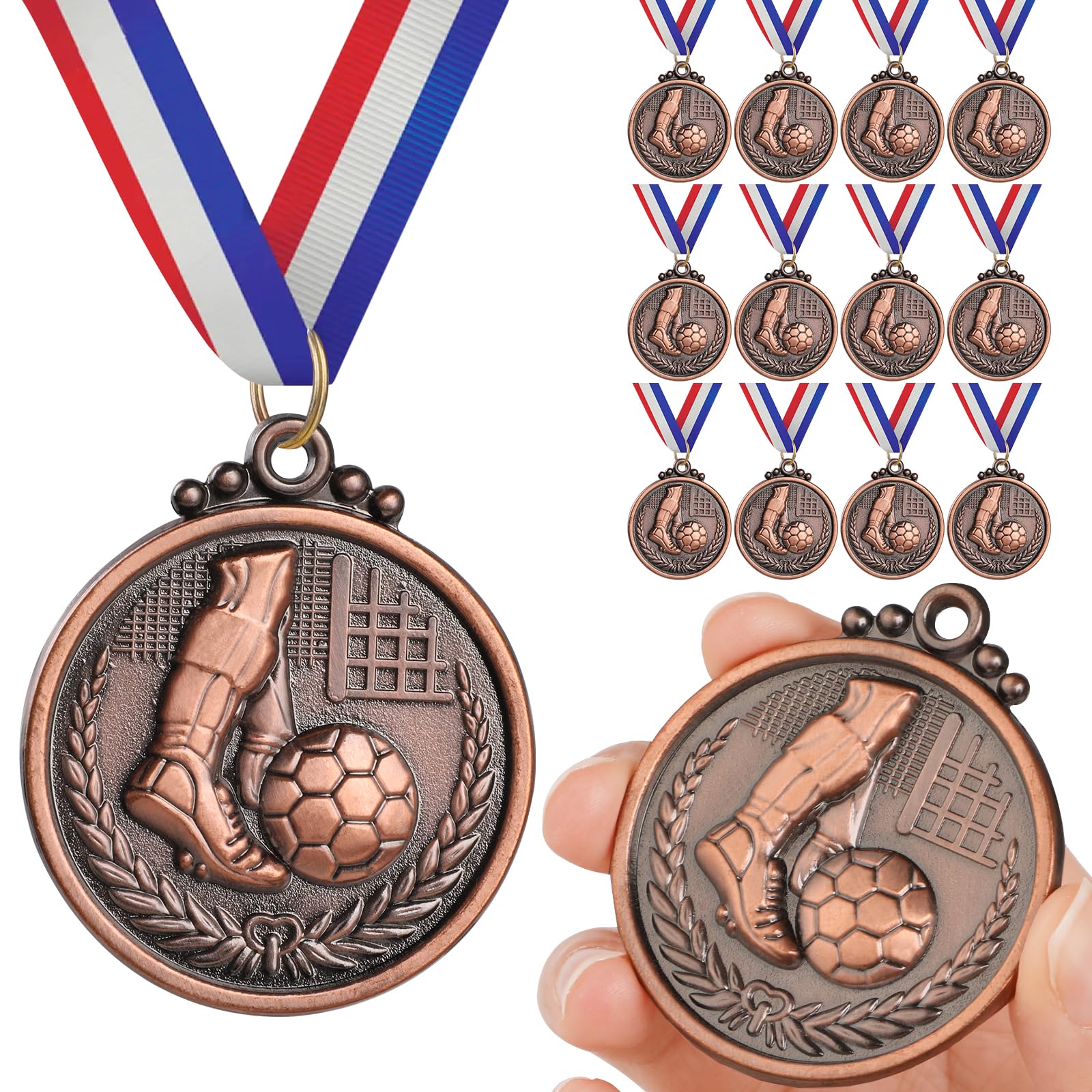 GeeRic 12Pcs Football Bronze Medal with Neck Ribbons, Soccer Game Medals Prizes Star Gold Prizes for Sports, Competitions, Party, Olympic Style,Soccer