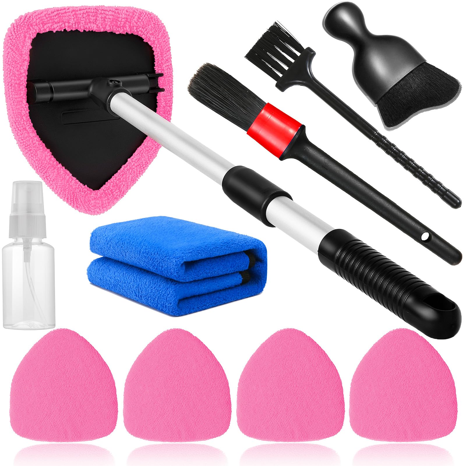 Photo 1 of **POSSIBLE MISSING PIECES** Qydipclin 10pcs Windshield Cleaning Tool Inside Car Window Cleaner Wash Kit with 4 Reusable Microfiber Pads 1 Spray Bottle and Extendable Handle Interior Auto Glass Wiper Kit, Pink
