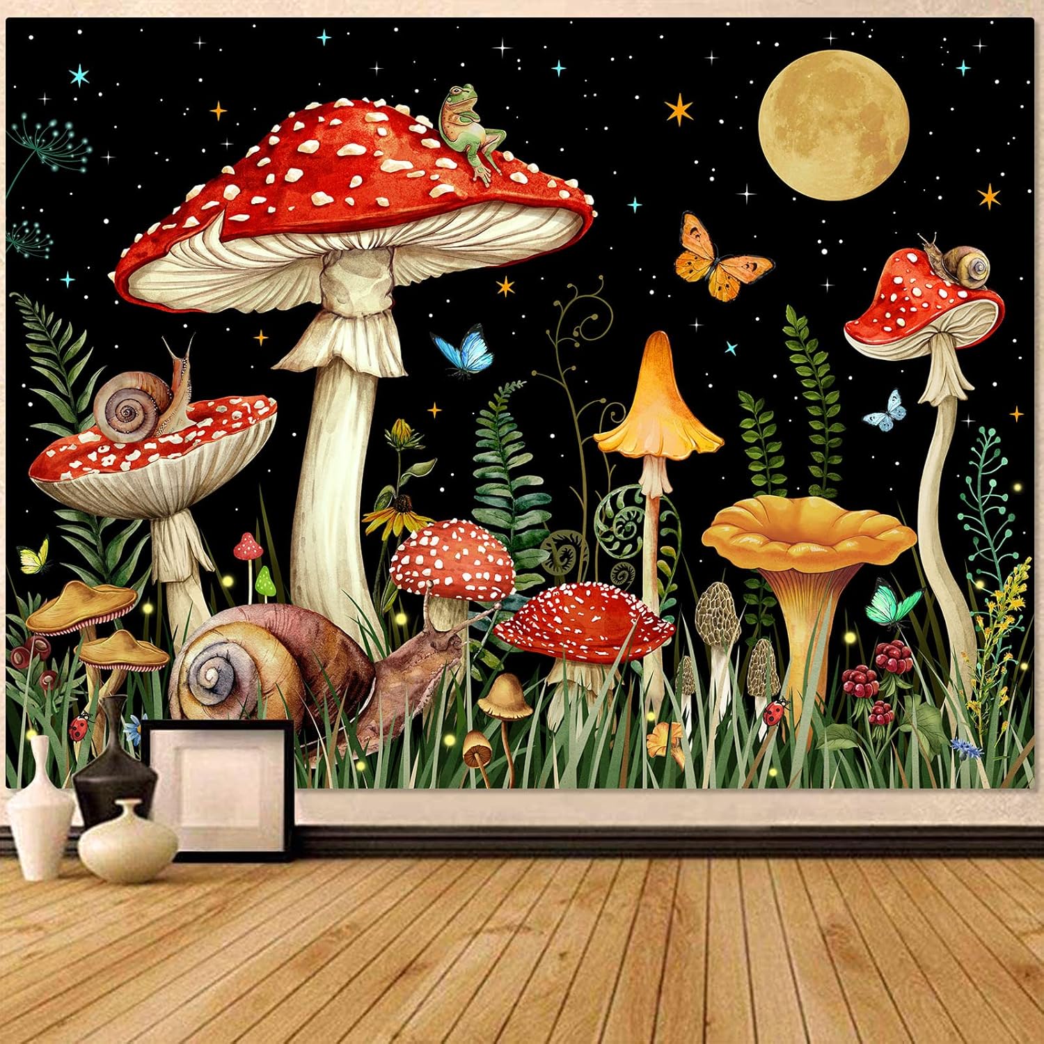 Tapestries - Zussun Red Mushroom Tapestry Moon Star Tapestries for Bedroom Aesthetic Starry Night Green Plant Tapastrys Wall Hanging Butterfly Snail Frog Wall Tapestry for Living Room Dorm (Black, 60