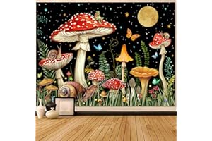 Zussun Red Mushroom Tapestry Moon Star Tapestries for Bedroom Aesthetic Starry Night Green Plant Tapastrys Wall Hanging Butterfly Snail Frog Wall Tapestry for Living Room Dorm (Black, 60" x 44")