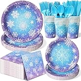 Frozen Birthday Party Decorations - Serve 24, Snowflake Party Supplies, Winter Wonderland Disposable Tableware Include Plates, Napkins, Cups, Forks, Knives, Spoons for Christmas