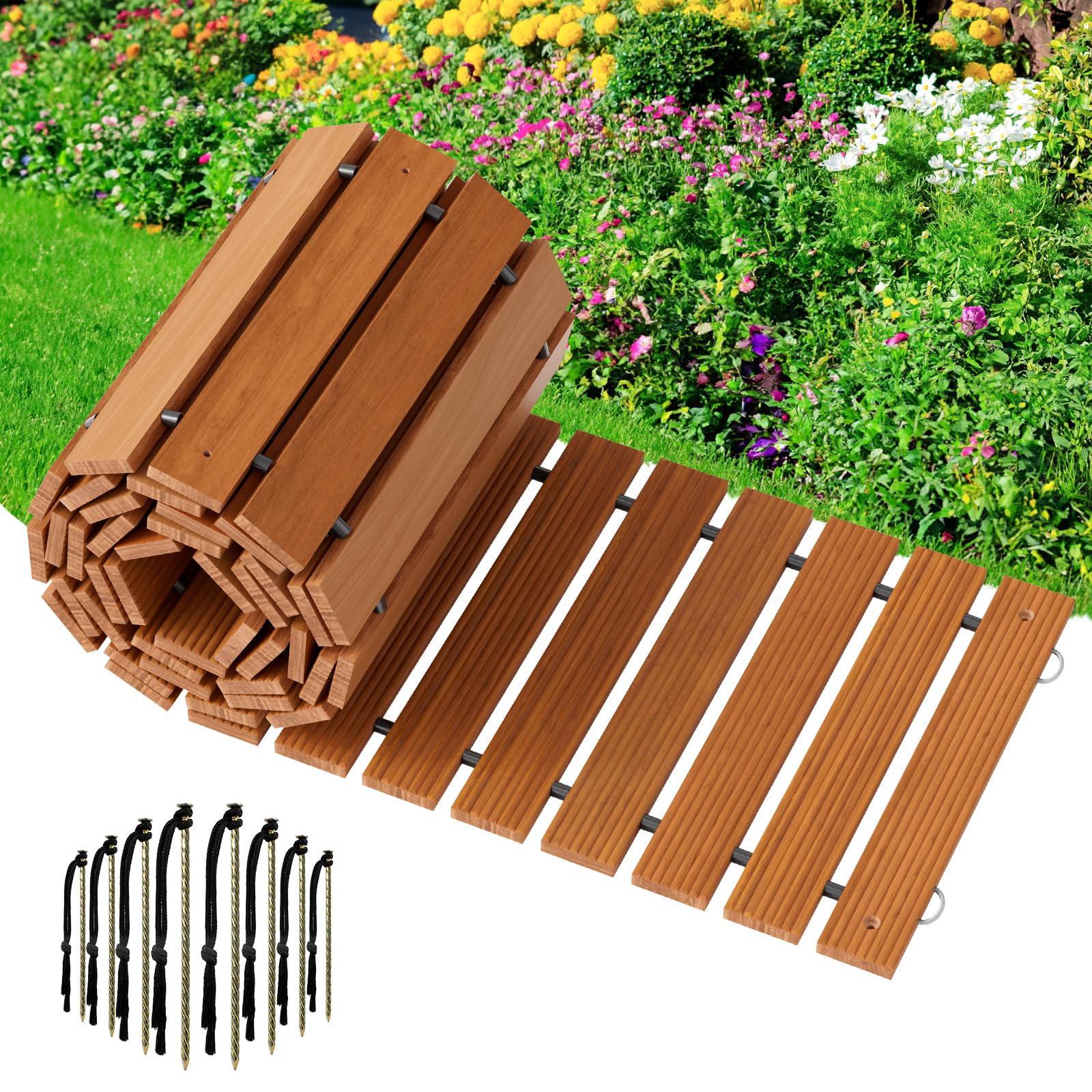 Photo 1 of Amazer Wooden Garden Pathway, 12 FT Roll Out Straight Garden Walkway, Widened Plank Non-Slip Outdoor Walkway Path with 8 Stakes, Garden Lawn Boardwalk Paver for Outside Walkway Backyard, Natural Color