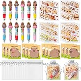 CY2SIDE Capybara Stationery Party Gift - 12 Pack Valentines Gift Set with Fun Animal 4-in-1 Ballpoint Pen Sticky Note Sticker and Organza Capybara Party Favor Goodie Bag Fillers for School Rewards