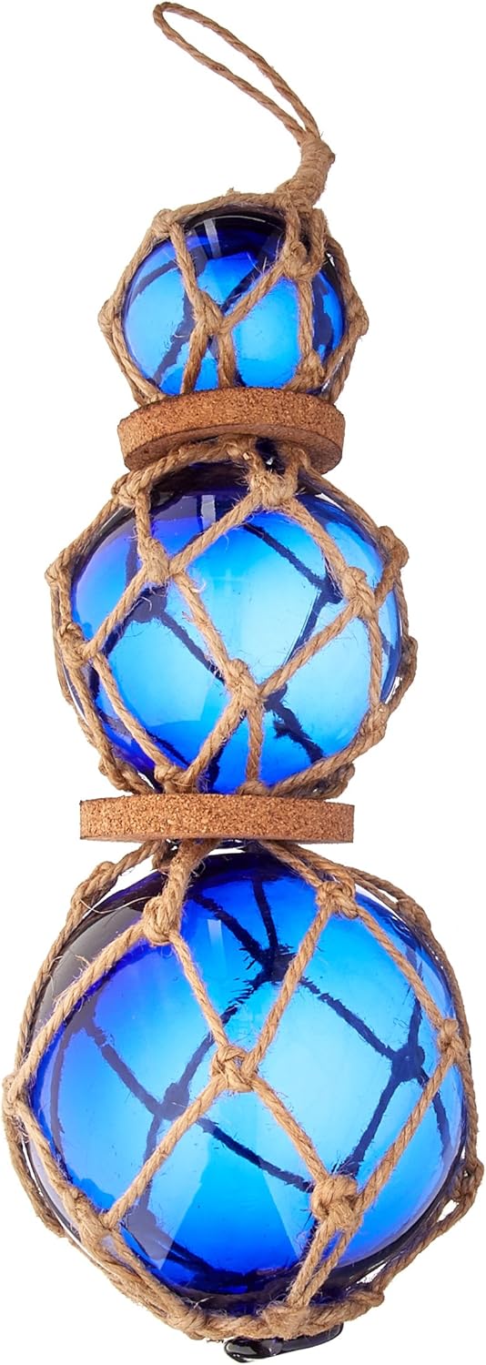 Hampton Nautical 3xglass-101 Triple Blue Japanese Ball Fishing Brown Netting Decoration 11"-Glass Buoy Float