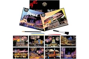 TOULIDEIFARIA 8 Sheets Rainbow Scratch Art City Scapes of USA Europe Scratch Paper Foil Art for Adults (A4) Colorful Sketches Scratch Off Coloring Book Gift for Travel Lovers Family Friends （USA and Europe Series）