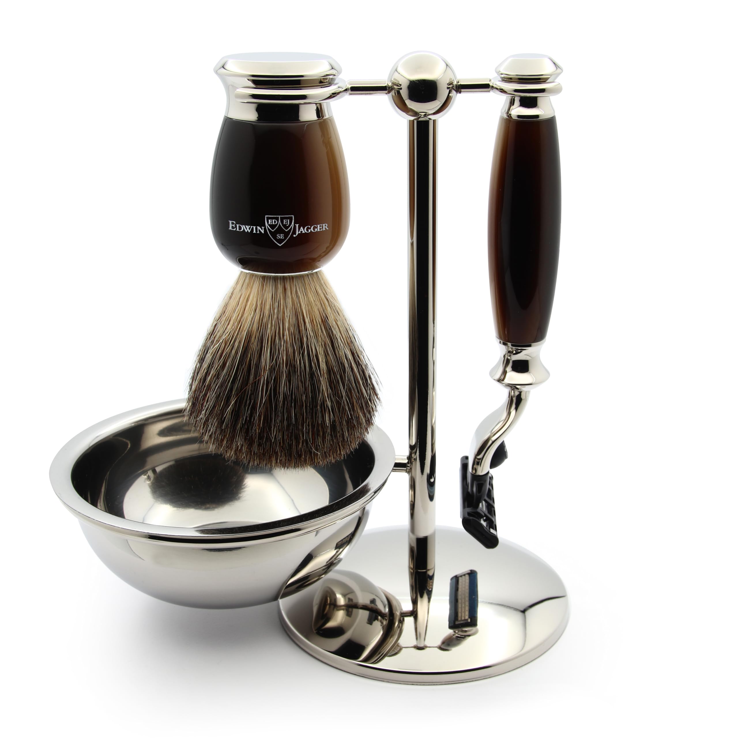 Edwin Jagger S81M582BAMZ Imitation Light Horn & Nickel Classic Shave Set with Pure Badger Shaving Brush and Mach 3 Razor for Shaving Cream or Soap for Men