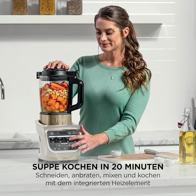 Foodi Mixer & Suppenbereiter, 10 Auto-iQ-Programme, 1,7L Glaskrug, heißer & kalter Mixer, integriertes Heizelement, Stampfer, Reinigungsprogramm & Bürste, 1000W, Stone/Gold HB150EUSTGD