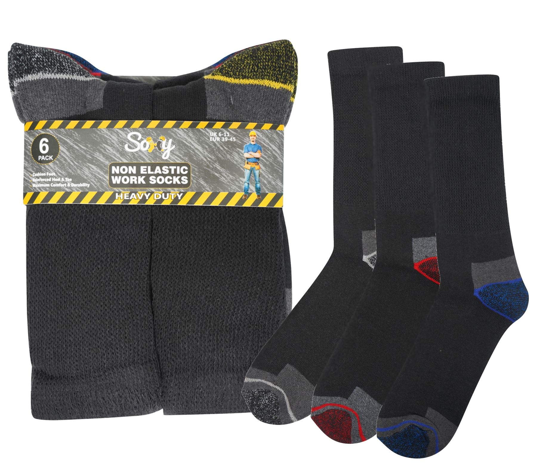 Soxy 6 Pairs Mens Heavy Duty Non Elastic Work Socks Shoe Safety/Steel Toe Boot Socks, MultiBlack/Multi, UK 6-11 (EU 39-45)