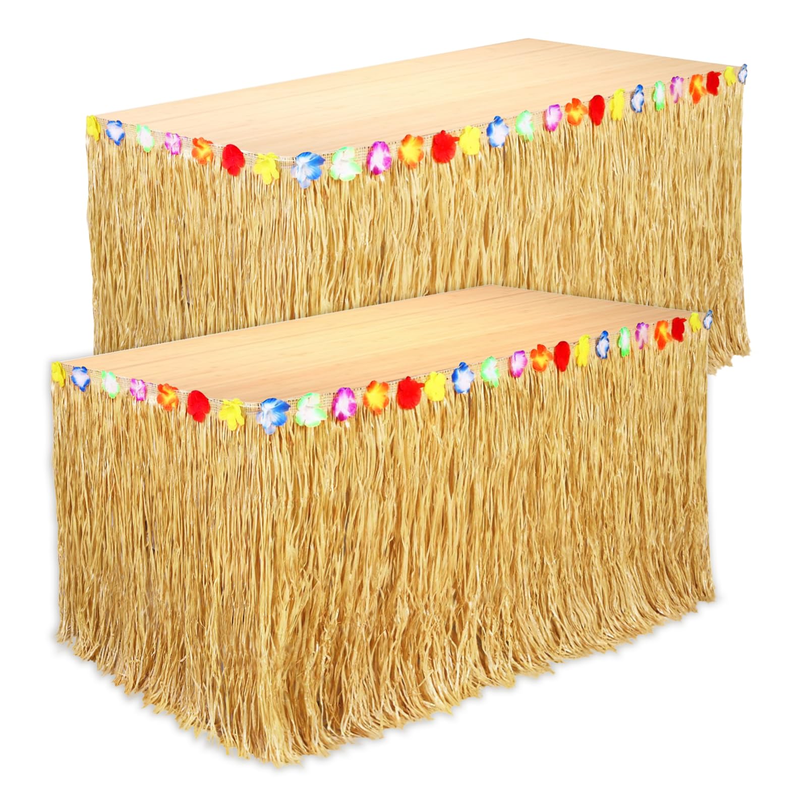 Photo 1 of 2 Pack Table Skirt Luau Party Decorations, Flower 53.2" X 29.5" Grass Table Skirts for Luau Party Summer Tropical Hawaiian Party Decorations (A-2 Pack)