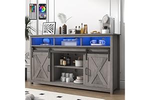 jiteentarou Farmhouse Coffee Bar Cabinet with Power Outlet, Rustic Sideboard Buffet Storage Cabinet with Storage, Wood Buffet Cabinet Serving Table Cupboard for Dining Room, Living Room, Wash Grey