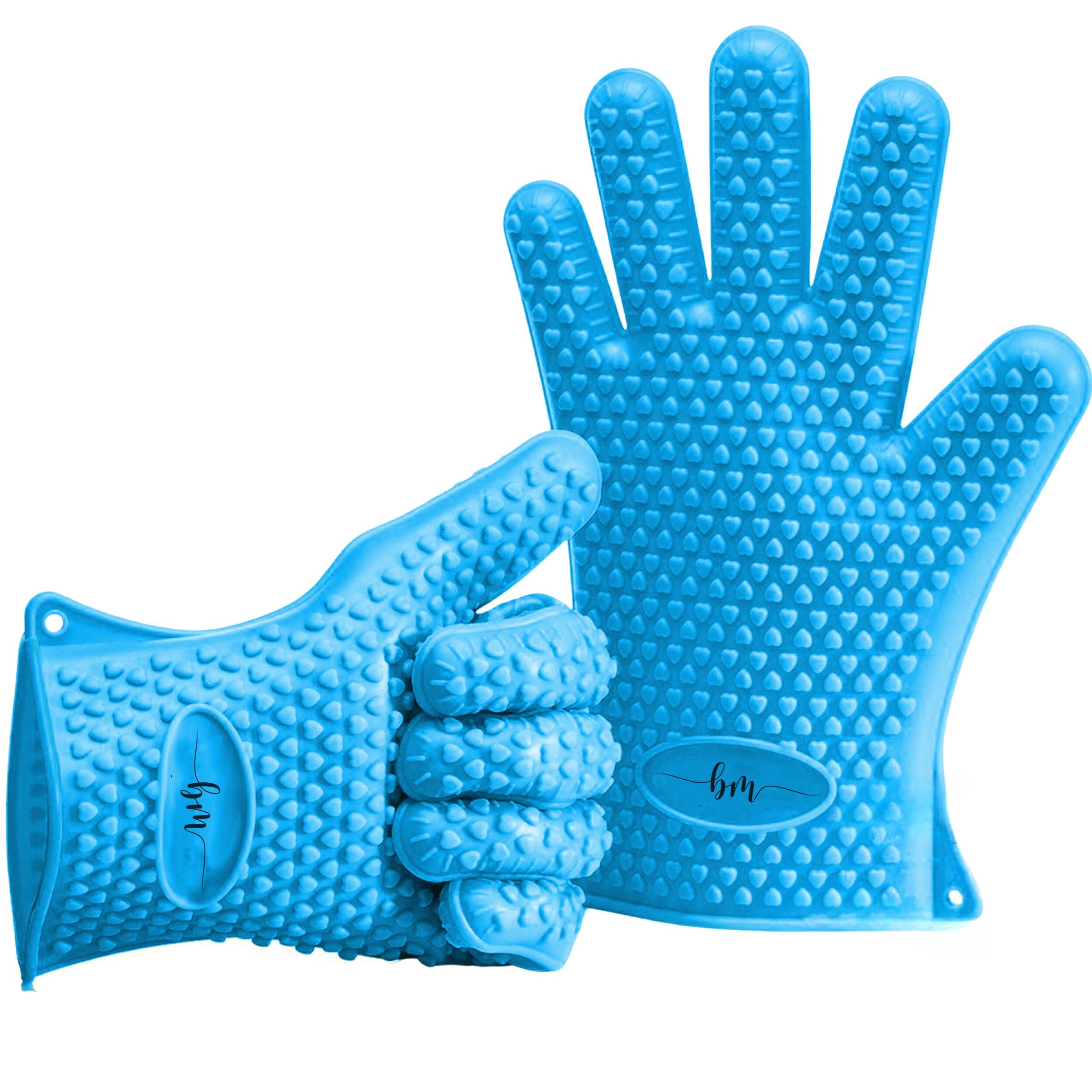 Belmalia 2 Silicone Oven Mitts for Kitchen, BBQ Gloves, Set, Pair, Pot Holders, Oven Gloves Heat Resistant Blue
