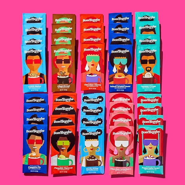 BOMBOMBS HOT CHOCOLATE MIX GIFT SET, MODERN AND FUN PACKAGING, 10 UNIQUE FLAVORS INCLUDE ROCKY ROAD, PEPPERMINT SWIRL, GINGERBREAD, SALTED CARAMEL DONUT AND MORE, HOT CHOCOLATE PACKETS, SET OF 40