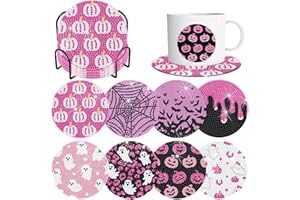 DENYLO PRO 8 Pcs Halloween Diamond Art Painting Coasters Kits with Holder DIY Pink Halloween Diamond Art Coaster Halloween Diamond Dot Coaster for Adults Halloween Diamond Painting Kits Supplies for Gift