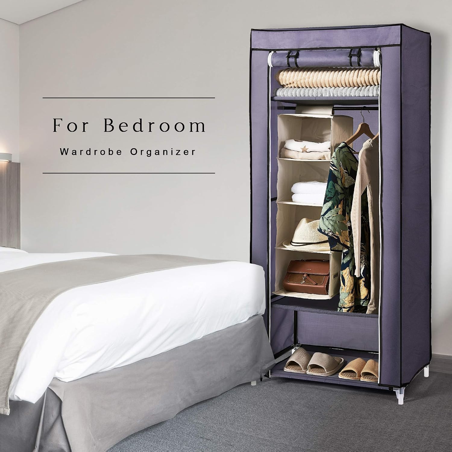 Hododou Portable Wardrobe Single Wardrobe Storage Organizer with Hanging Rail Foldable Closet for Clothes Bags, Toys, Shoes - Image 4
