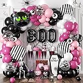 Pink Halloween Balloon Garland, Black Pink Balloon Arch with Bat and Strip Foil Balloons Bat Print Eyeball Balloons for Cute Halloween Party Decorations