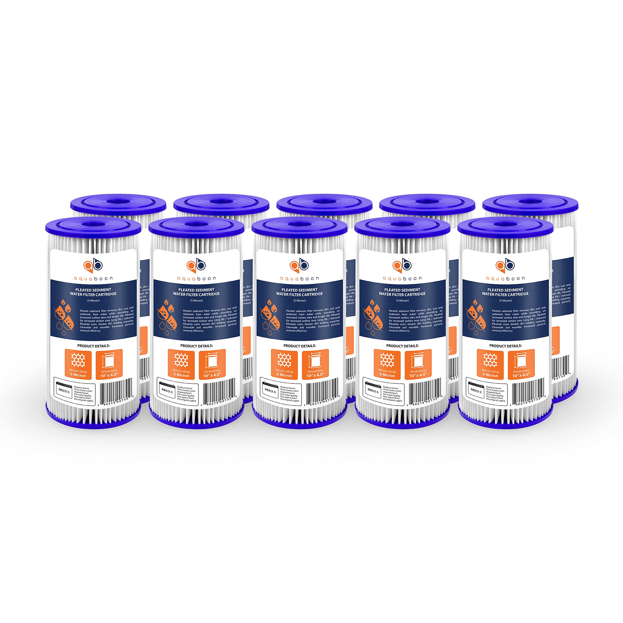 Aquaboon 5 Micron Pleated Sediment Water Filter 10 x 4.5 Cartridge - Whole House Water Filter Replacement - Whole House Water Filters Cartridges Compatible with Well Filters FXHSC, R50-BBSA, 10-Pack Image