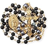 Nazareth Store Catholic Rosary Necklace Matte Stone Beads Green Pearl Round Beads Miraculous Medal & Cross - Velvet Bag