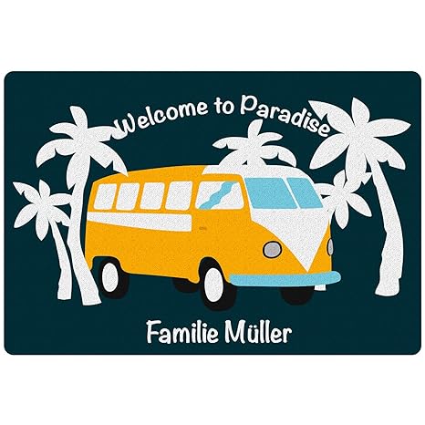 Geschenke 24 Personalisierte Fußmatte im Bulli Design mit Name - Schmutzfangmatte mit Spruch und Familienname für innen