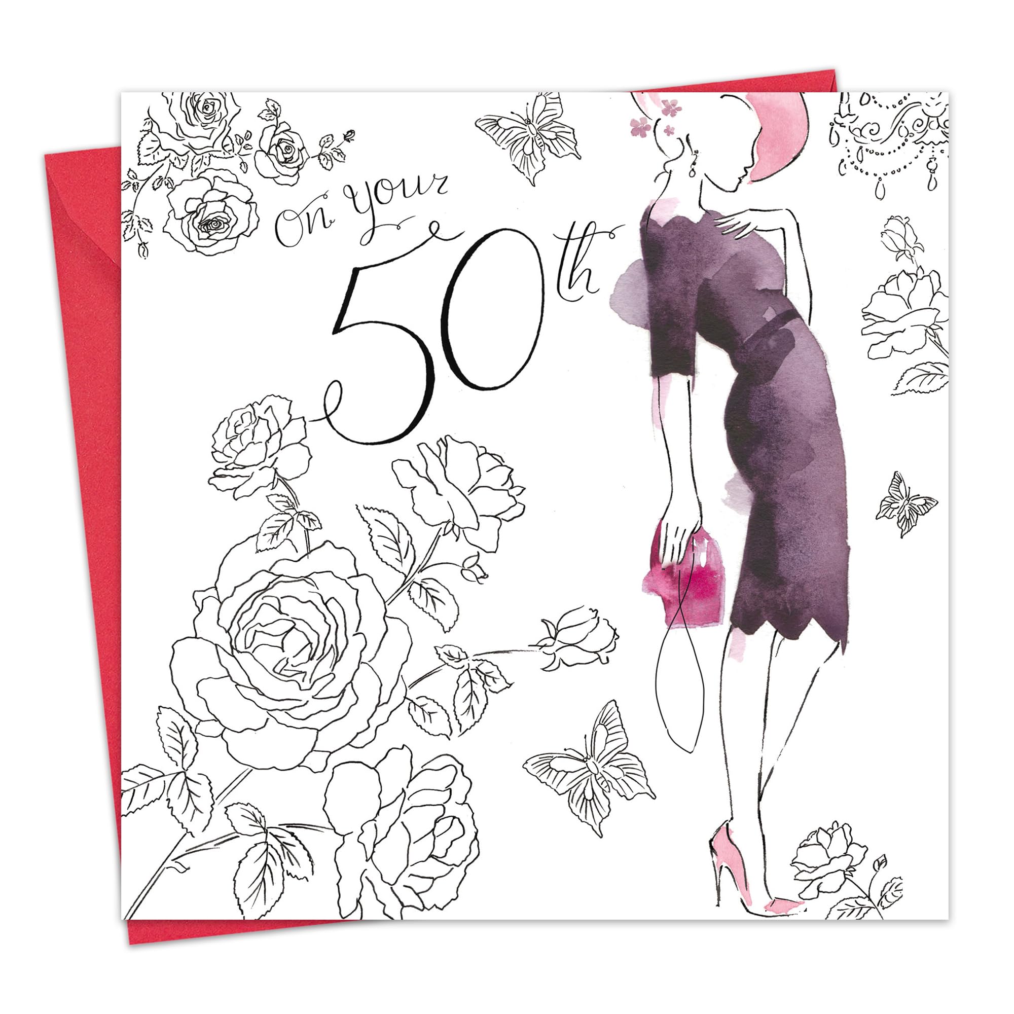Twizler 50th Birthday Card for Her with Crystal Finish & Watercolour Effect - 50 Year Old - Age 50 Birthday Card - Female Birthday Card - Womens Birthday Card - Ladies Birthday Card