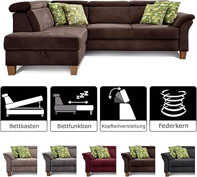 Cavadore Schlafsofa Ammerland Mit Ottomane Links Federkern Sofa Im Landhausstil Mit Verstellbaren Kopfstutzen Bett Und Bettkasten 245 X 84 X 194 Lederoptik Braun Amazon De Kuche Haushalt