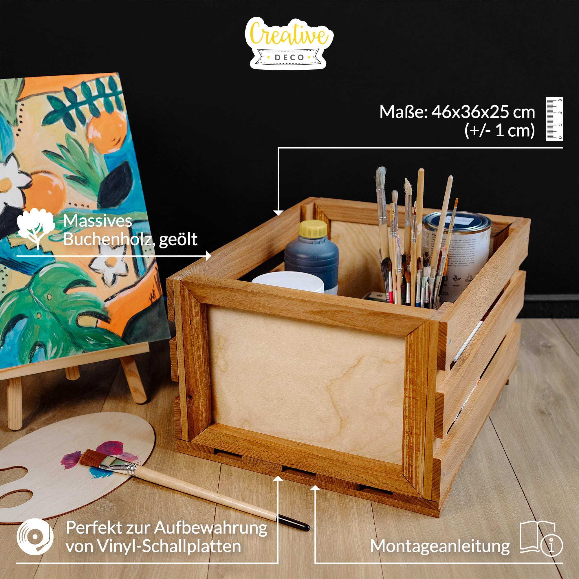 Creative Deco Vinyl Box zur Aufbewahrung bis zu 80 Schallplatten | Regal Holzbox 46x36x25 cm (+/- 1cm) | Schallplattenkiste Holz | Buchenholz LP Kiste für Obst, Gemüse, Wein, Spielzeugkiste 4