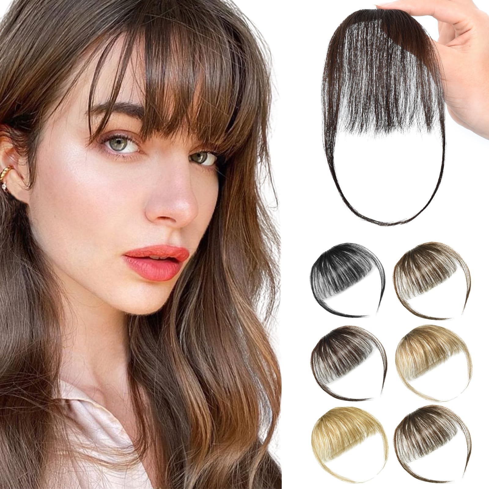 Yamel Clip in Fringe Human Hair Bangs Hair Clip on Wispy Fringe Hair Extensions with Temples Dark Brown Fine Air Bangs Human Hair Pieces for Women — image 1