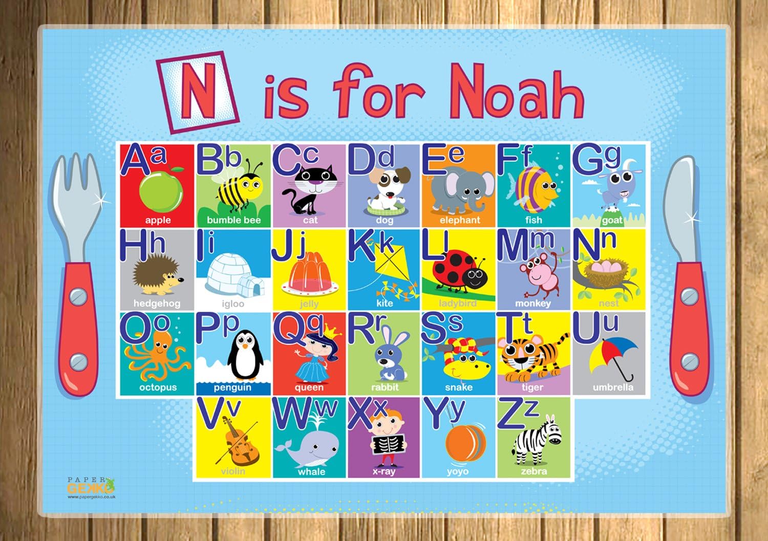 Premium Children's Personalised Alphabet Placemat Blue Boys Girls
