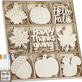 WOHOHOHO 42PCS 9 Styles Fall Unfinished Paintable Blank Wooden with Tray | DIY Wooden Ornaments Autumn Thanksgiving Decorations with Watercolor Pens. Maple Leaves Turkey Pumpkin Squirrel Birthday Gift