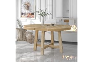 Voohek Round Extendable Dining Table, with 16" Traditional Rustic Drop Leaf, for Farmhouse Kitchen Room Decor, Natural Wood