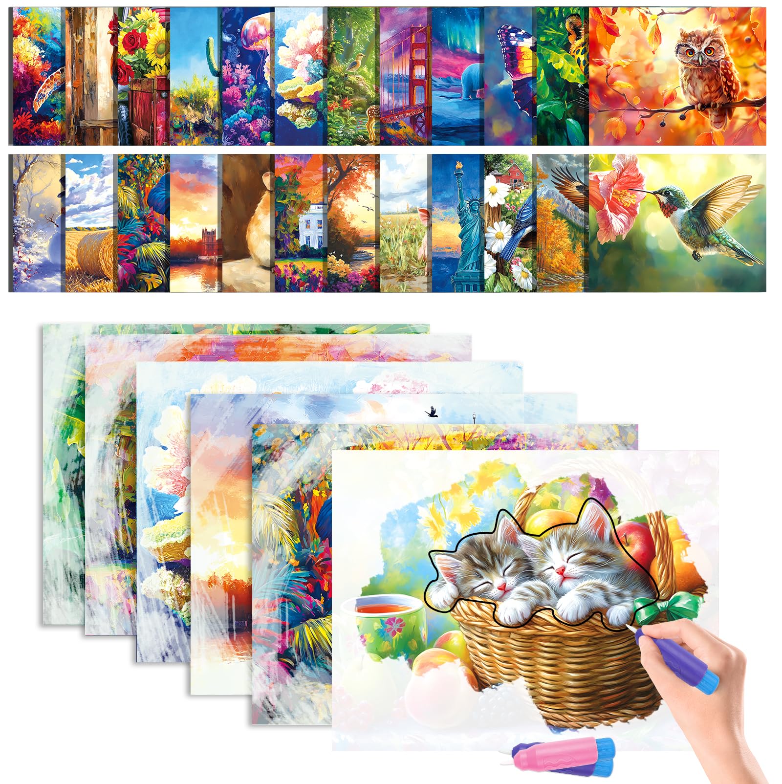 25 Pcs Reusable Water Doodle Coloring Set for Seniors, Dementia Products for Elderly – No Mess Art Set with 2 Ergonomic Brushes, Memory-Care Paint Book for Elderly, Thoughtful Gift for Grandparents
