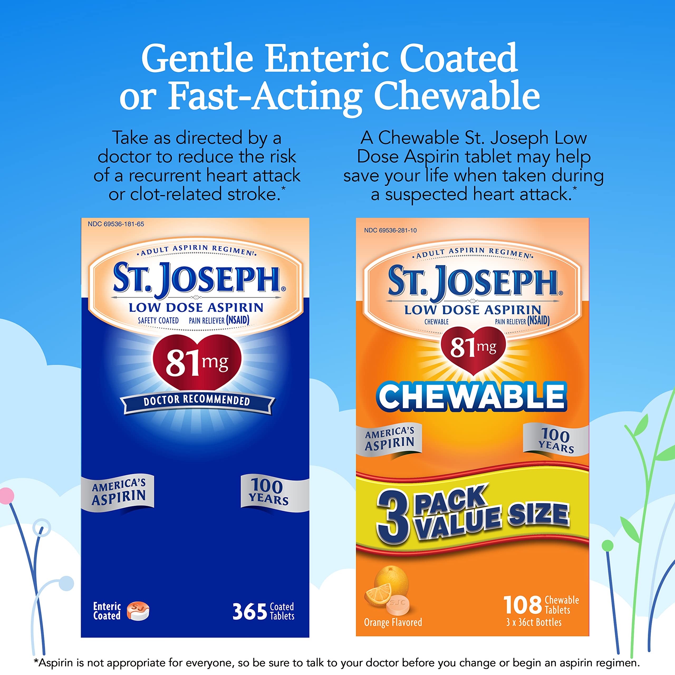 St. Joseph Aspirin Pain Reliever (NSAID) 81mg, Enteric Safety Coated, Adult Low Dose Aspirin, 365 ct (1 Year Supply, Packaging May Vary)