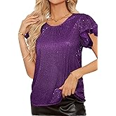 GRACE KARIN Women's Sparkly Sequin Tops Short Sleeve Glitter Dressy Blouses Round Neck Club Ruffle Party Tops